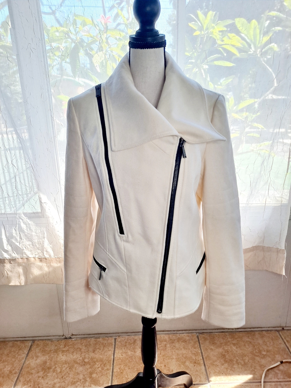 DKNY Cream Asymmetrical Zip Wool Jacket with Black Zippers